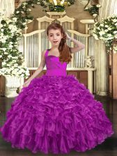 Sweet Fuchsia Ball Gowns Straps Sleeveless Organza Floor Length Lace Up Ruffles and Ruching Little Girl Pageant Gowns