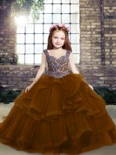 Excellent Sleeveless Tulle Lace Up Little Girls Pageant Gowns in Brown with Beading
