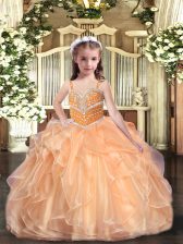 Customized Peach Straps Neckline Beading and Ruffles Pageant Gowns For Girls Sleeveless Lace Up