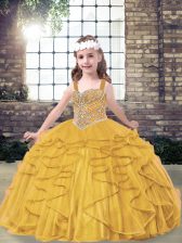  Straps Sleeveless Tulle Little Girl Pageant Gowns Beading and Ruffles Lace Up