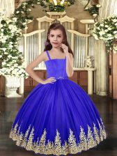 Ball Gowns Little Girls Pageant Dress Royal Blue Straps Tulle Sleeveless Floor Length Lace Up