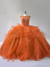 Free and Easy Rust Red Organza Lace Up Scoop Sleeveless Quinceanera Dresses Brush Train Ruffles