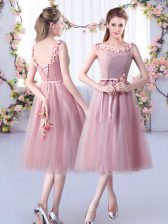 Flare Pink Lace Up Scoop Appliques and Belt Quinceanera Dama Dress Tulle Sleeveless