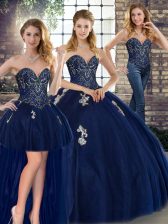  Navy Blue Three Pieces Beading and Appliques 15th Birthday Dress Lace Up Tulle Sleeveless Floor Length