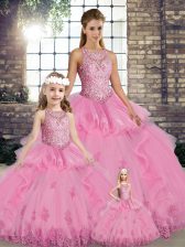  Rose Pink Ball Gowns Lace and Embroidery and Ruffles Quinceanera Dress Lace Up Tulle Sleeveless Floor Length