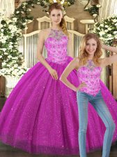 Low Price Fuchsia Two Pieces Tulle Halter Top Sleeveless Beading Floor Length Lace Up 15 Quinceanera Dress