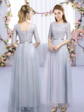 Elegant Scoop Half Sleeves Quinceanera Court of Honor Dress Floor Length Lace and Belt Grey Tulle