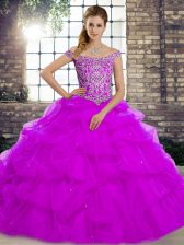  Purple Ball Gowns Off The Shoulder Sleeveless Tulle Brush Train Lace Up Beading and Pick Ups Sweet 16 Quinceanera Dress