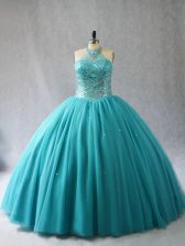 Latest Ball Gowns Sleeveless Aqua Blue Quinceanera Dresses Brush Train Lace Up