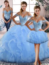  Beading and Ruffles Quinceanera Gown Blue Lace Up Sleeveless Floor Length