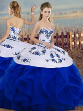  Royal Blue Sweetheart Neckline Embroidery and Ruffles and Bowknot 15th Birthday Dress Sleeveless Lace Up