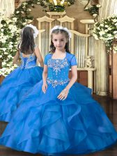  Blue Straps Lace Up Beading and Ruffles Little Girl Pageant Gowns Sleeveless