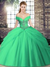 Colorful Tulle Off The Shoulder Sleeveless Brush Train Lace Up Beading and Pick Ups Quinceanera Dress in Turquoise