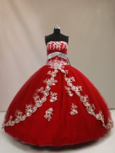 Custom Design Sleeveless Tulle Floor Length Lace Up Sweet 16 Dresses in Red with Appliques