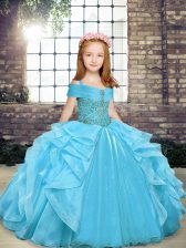 Wonderful Aqua Blue Sleeveless Floor Length Beading and Ruffles Lace Up Little Girls Pageant Gowns