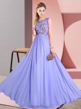 Smart Lavender Chiffon Backless Dama Dress Sleeveless Floor Length Beading and Appliques