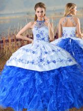 Fitting Lace Up 15th Birthday Dress Royal Blue for Sweet 16 and Quinceanera with Embroidery and Ruffles Court Train