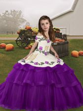  Eggplant Purple Straps Neckline Embroidery and Ruffled Layers Child Pageant Dress Sleeveless Lace Up