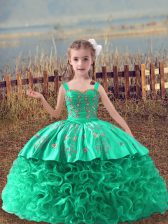 Modern Fabric With Rolling Flowers Straps Sleeveless Sweep Train Lace Up Embroidery Little Girl Pageant Dress in Turquoise