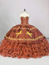  Brown Sleeveless Brush Train Embroidery and Ruffled Layers Sweet 16 Dresses