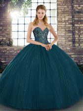 Sweet Teal Tulle Lace Up Quinceanera Dress Sleeveless Floor Length Beading