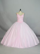Cheap Sleeveless Tulle Floor Length Lace Up Quinceanera Gowns in Baby Pink with Beading and Lace
