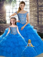  Beading and Pick Ups Quinceanera Dresses Blue Lace Up Sleeveless Brush Train