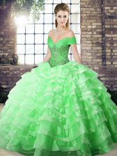 Dynamic Brush Train Ball Gowns Sweet 16 Dress Green Off The Shoulder Organza Sleeveless Lace Up