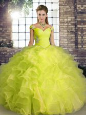  Off The Shoulder Sleeveless Lace Up 15th Birthday Dress Yellow Green Organza