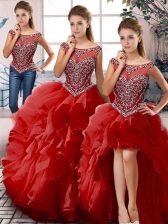 Charming Red Three Pieces Organza Scoop Sleeveless Beading and Ruffles Floor Length Zipper Ball Gown Prom Dress