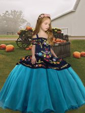  Teal Ball Gowns Embroidery Kids Formal Wear Lace Up Organza Sleeveless Floor Length