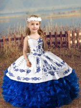 Stunning Organza Straps Sleeveless Lace Up Embroidery and Ruffles Child Pageant Dress in Royal Blue