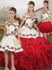  White And Red Sleeveless Embroidery and Ruffles Floor Length 15th Birthday Dress
