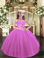 Fashion Lilac Halter Top Lace Up Appliques Pageant Gowns For Girls Sleeveless