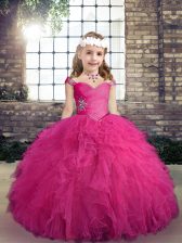 Elegant Fuchsia Ball Gowns Straps Sleeveless Tulle Floor Length Lace Up Beading and Ruffles Little Girls Pageant Gowns