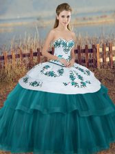 Best Selling Teal Sleeveless Floor Length Embroidery and Bowknot Lace Up Quinceanera Gown