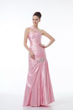  Baby Pink Lace Up Evening Dress Beading and Ruching Sleeveless Floor Length