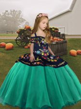 Excellent Turquoise Organza Lace Up Straps Sleeveless Floor Length Child Pageant Dress Embroidery