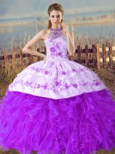  Sleeveless Floor Length Embroidery and Ruffles Lace Up Quinceanera Gown with Purple Court Train