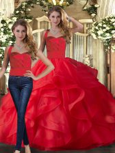  Floor Length Lace Up Quinceanera Gown Red for Military Ball and Sweet 16 and Quinceanera with Ruffles