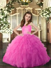  Sleeveless Floor Length Ruffles Lace Up Little Girl Pageant Gowns with Hot Pink