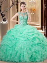 Elegant Apple Green Ball Gowns Beading and Ruffles Quinceanera Gown Lace Up Organza Sleeveless Floor Length
