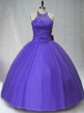 Super Purple Ball Gowns Halter Top Sleeveless Tulle Floor Length Lace Up Beading Quinceanera Dress