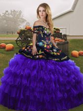 Pretty Floor Length Lace Up Quinceanera Dresses Black And Purple for Military Ball and Sweet 16 and Quinceanera with Embroidery and Ruffled Layers