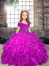 Beauteous Beading and Ruffles Little Girl Pageant Gowns Fuchsia Lace Up Sleeveless Floor Length