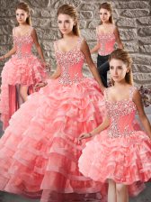  Lace Up Quinceanera Dresses Watermelon Red for Sweet 16 and Quinceanera with Beading and Ruffled Layers Court Train