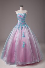  Light Blue Ball Gowns Appliques Sweet 16 Dress Lace Up Organza Sleeveless Floor Length