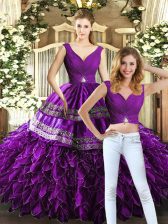  Floor Length Backless Ball Gown Prom Dress Purple for Military Ball and Sweet 16 and Quinceanera with Beading and Embroidery and Ruffles