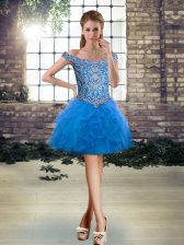 Classical Beading and Ruffles Prom Dress Blue Lace Up Sleeveless Mini Length