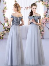  Floor Length Lace Up Dama Dress for Quinceanera Grey for Wedding Party with Appliques